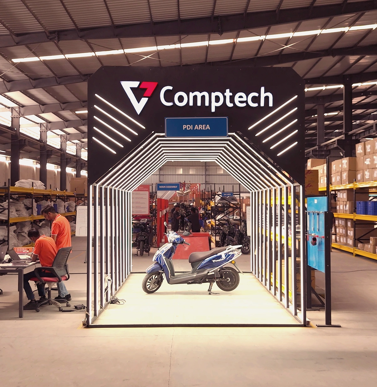 The pre-delivery inspection tunnel at the Comptech Motocorp plant